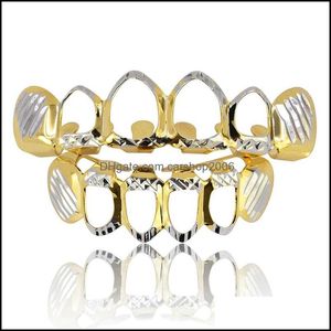 Grillz Dental Grills New Gold Sier Hollow Open Dlampnd Cut 6 Dientes Top Bottom Grills Dientes Caps Hiphop Grillz Set Joyería de fiesta 535 Dhkei