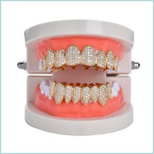 Grillz Dental Grills New Hip Hop Teeth dents Grillz Copper Zircon Crystal Dental Grills Halloween Jewelry Gift en gros pour rap rap dhihx