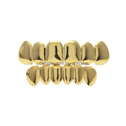 Grillz tandheelkundige grills gladde goud sier rose geplateerde tanden grillz 6 boven bodem faux tandtand beugel grills mannen dame hiphop rapper dhf5b