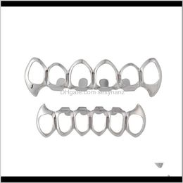 Grillz, entrega directa 2021 dientes chapados en oro liso Grillz 6 parte superior inferior Faux dientes dentales parrillas hombres señora Hip Hop rapero cuerpo J