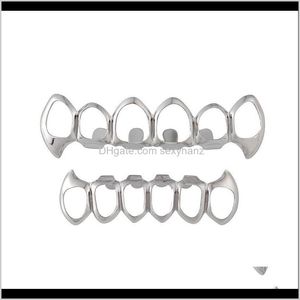 Grillz, drop levering 2021 Glad goud sier geplateerde tanden grillz 6 top bodem faux tandtand beugel grills mannen dame hiphop rapper body j