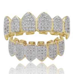 Grillz Hip Hop Iced Out CZ Mouth Teeth Grillz Caps Top Bottom Grill Set Men Women Vampire Grills