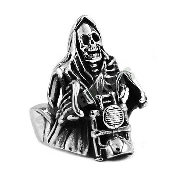 Anillo de motocicleta Grim Reaper Skull Ride, joyería de acero inoxidable, anillo de motorista de calavera Vintage para hombre SWR0446 B345A