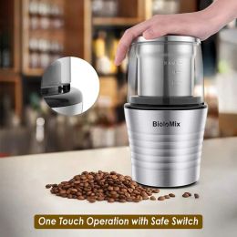 Gringe 2In1 Double tasses mouillées et sèches 300 W épices électriques et broyeur de grain de café corps en acier inoxydable et lames de mi Sortie, Biolomix