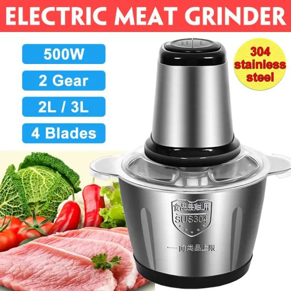 Molinillos 304 Picadora de carne eléctrica de acero inoxidable Picadora de carne Picadora 2 velocidades 4 cuchillas 2L / 3L Capacidad Procesador de alimentos Cortadora de carne