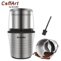 Griners Coffart por Biolomix 2in1 tazas dobles húmedas y secas 300 W Grandeo eléctrico Grandeo de acero inoxidable Cuerpo de acero inoxidable y cuchillas de molinero