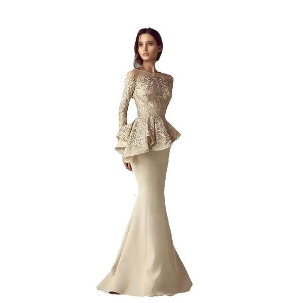 Novio elegante La larga novia de los vestidos madre champgne aplique de encaje satén sirena vestidos de invitados invitados joya árabe plus tallas pro gg