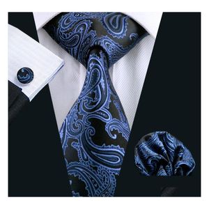 Groom Cravates Cummerbunds Hommes Cravate Bleu Paisely Soie Hanky Boutons De Manchette Ensemble Jacquard Tissé Travail D'affaires Réunion Formelle Loisirs Drop Del Dhqsp