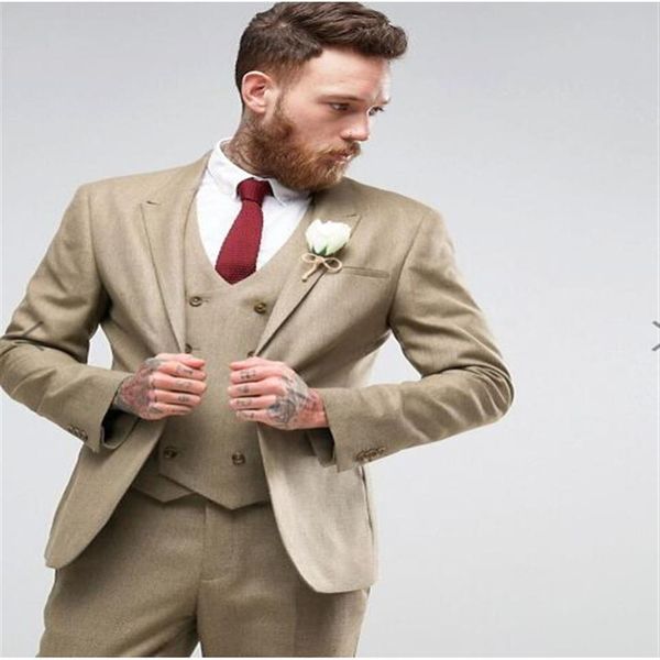 Novio esmoquin padrino de boda pico solapa guapo marrón claro hombres trajes boda graduación cena hombre Blazer chaqueta pantalones chaleco corbata M1346r