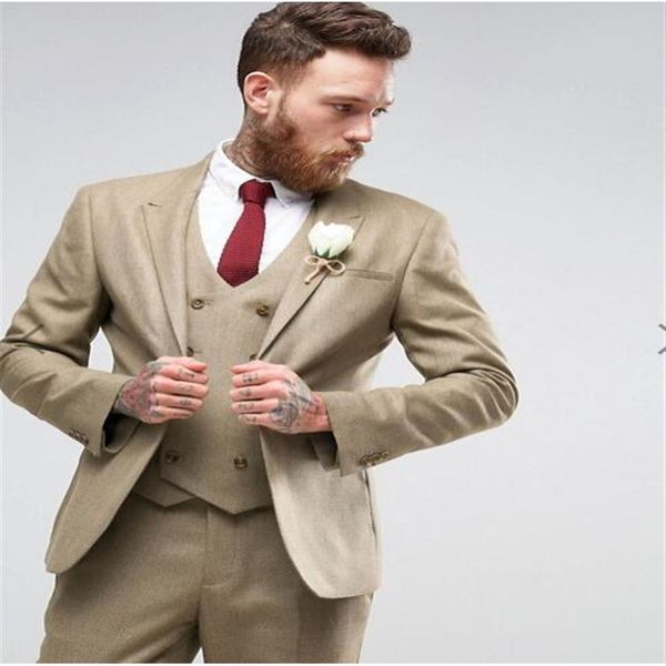 Esmoquin para novio, padrino de boda, solapa de pico, guapo, marrón claro, trajes para hombre, boda, graduación, cena, hombre, chaqueta, pantalones, chaleco, corbata M1262n