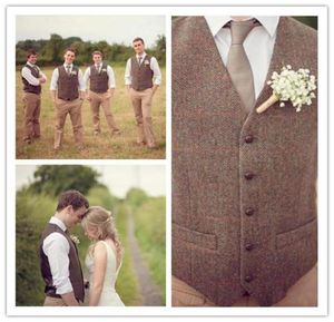 Bruidegom Vesten Land Boerderij Bruiloft Bruine Wollen Visgraat Tweed Vesten Op maat gemaakte Bruidegom Vest Slim Fit Heren Pak Vest Prom Bruiloft Wa2996782