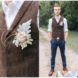 Bruidegom Vesten Boerderij Donkerbruin Wol Visgraat T Custom Made Groomsmen Kleding Slim Fit Heren Jurk Prom Bruiloft Vest Plus Size Dro Dht9R