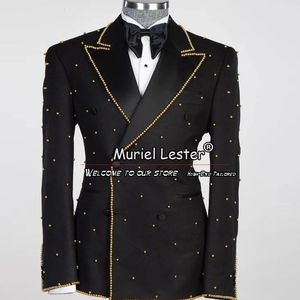 Bruidegom slijtage bruiloftpakken voor mannen Gold Pearls Blazer Tailore Made 2 stuks Double Breasted Jacked Jacket broek Mens Tuxedo prom jurk 231221