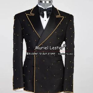 Le marié porte des costumes de mariage pour hommes Gold Pearls Blazer Tailore fait 2 pièces Pantalons de veste à poitrine double