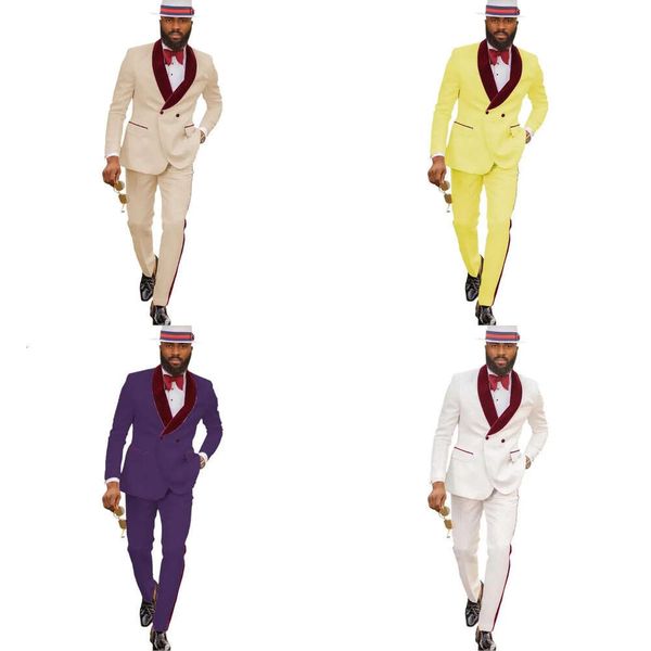 Groomsmen Patrón de marfil Groom Nuxedos Shawl Dark Red Veet Lapel Saits 2 piezas Boda (Chaqueta + Pantalones) D209 Blazers para hombres D09 'S