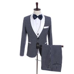 GroomsMen Navy Blue With Dot Bruidegom Tuxedos Sjaal Witte revers Mannen Past Side Vent Huwelijk / Prom Beste Man Blazer (jas + Broek + Vest + Tie) K940