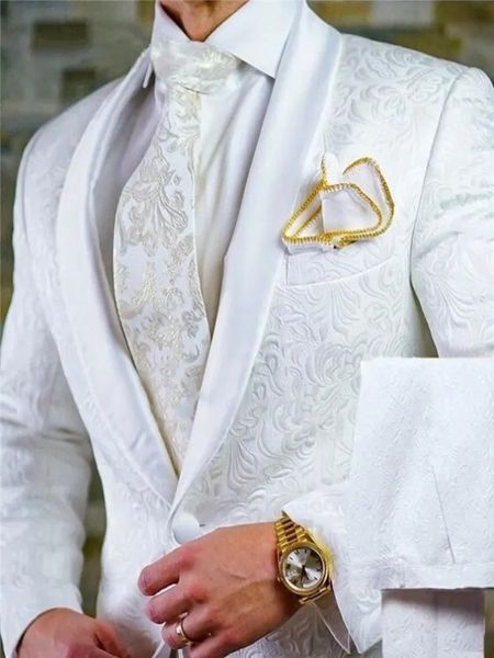 Garçons d'honneur blanc motif marié Tuxedos châle Satin revers hommes costumes 2 pièces mariage marié veste pantalon cravate D201 231229