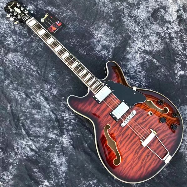 GROTE JAZZ Guitarra eléctrica 6 cuerdas Flame Maple Light Cuerpo hueco Doble F Agujeros Diapasón de ébano Soporte Costomización Envíos gratuitos