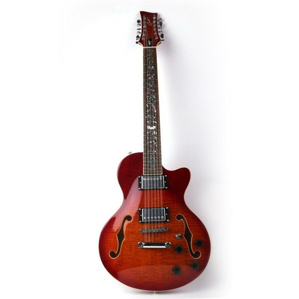 Grote Red Flame Maple 12 cordes guitare électrique semi-creuse incrustations de fleurs de jazz