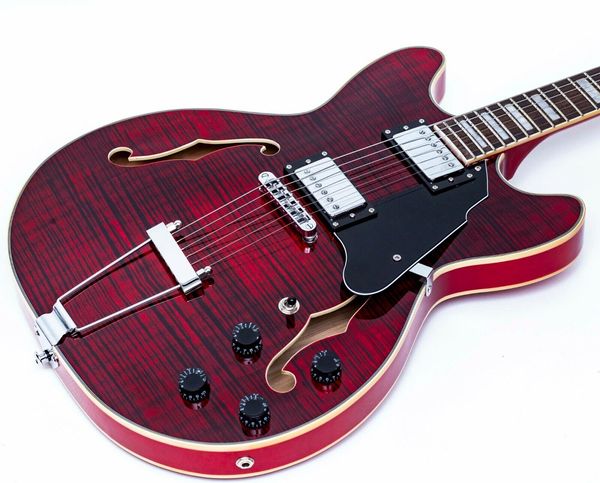 Grote Red Flame Maple 335 Style Semi Hollow Archtop Jazz Guitare électrique F Trous