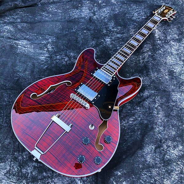 Guitarra eléctrica Grote Red Flame Maple Jazz, guitarra Archtop semihueca con agujeros F