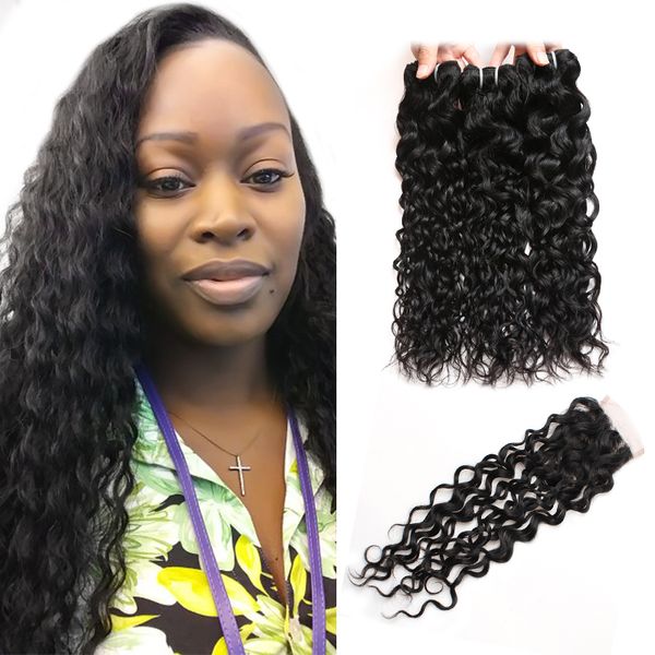 ISHOW Group Compra 8A Brasileño Bundles de cabello humano con cierre de ola corporal Recta 4*4 Cierre de encaje agua suelta para mujeres niñas todas las edades negras naturales