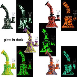 Glow In the Dark Halloween Bongs En Verre Narguilés Mini Petits Dab Rigs Bécher Pommeau De Douche Percolateur Oeil Artisanat Conduites D'eau 14mm Joint Avec Bol