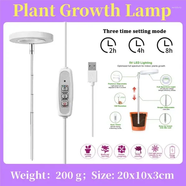 Lampes de croissance LED avec anneau d'ange d'intérieur, lumière de croissance des plantes, 2/4/8H, minuterie marche/arrêt, USB 5V, hauteur rétractable, spectre complet, lumière du soleil simulée