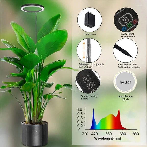 Anillo de luces de cultivo para plantas de interior, luz LED de espectro completo para plantas grandes, lámpara de cultivo ajustable en altura USB