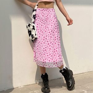 Jupe mi-longue Grunge Fairycore, imprimé Floral rose, en maille, pour femmes, douce et esthétique, tenue Y2K, 220611