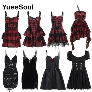 Grunge Gothic Women Dress Lace Trim High Taille BodyCon Mini 2024 Zomer Egirl Vintage Punk Harajuku Lolita kleding 240327