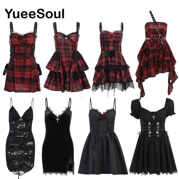 Grunge Gothic Femmes Habille en dentelle TRIME HIGH TAILLE BOTOLCON Mini 2024 Été Egirl Vintage Punk Harajuku Lolita Vêtements 240327