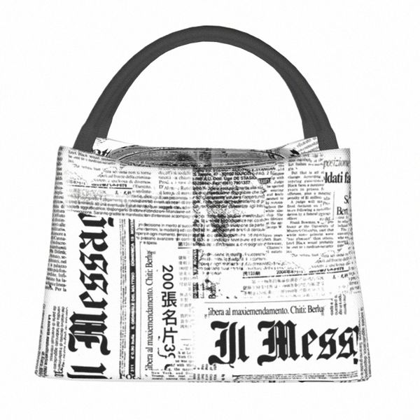 Boîte à lunch du journal grunge Boîte à lunch amusante en noir et blanc pour enfant bureau portable portable sac plus frais sac graphique sacs de nourriture x537 #