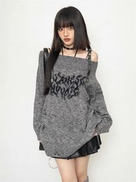 Grunge Y2k pull tricots femmes Style japonais gothique épaules dénudées manches longues déchiré pull Harajuku Goth Streetwear 240131