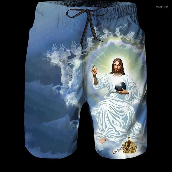 Grvd Shorts pour Hommes Pantalons de Mode pour Hommes Oh My God 3D Jésus imprimé Conception de Cordon élastique Pantalon de Poche Avant Confort d'été Doux