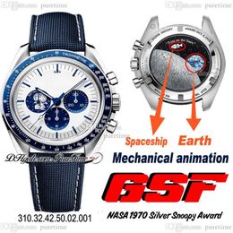 GSF MoonWatch A7750 CRONOGRAP AUTOMÁTICO Mens Watch Silver Snoop Award 50th Anniversary White Dial Blue Nylon Fabric Store Real ME312P