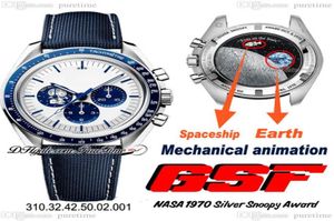 GSF Moonwatch A7750 Automatic Chronapap Mens Watch Silver Snoop Award 50th Anniversary White Cador Blue Nylon Tissu Strap Real ME6087211