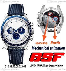 GSF Moonwatch A7750 automatisch chronograaf herenhorloge zilver Snoop Award 50e verjaardag witte wijzerplaat blauwe nylon stoffen band echte mechanische animatie Puretime