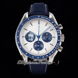 GSF Moonwatch A7750 automatische chronograp herenhorloge zilver Snoop Award 50e verjaardag witte wijzerplaat blauwe nylon band echte Me210q