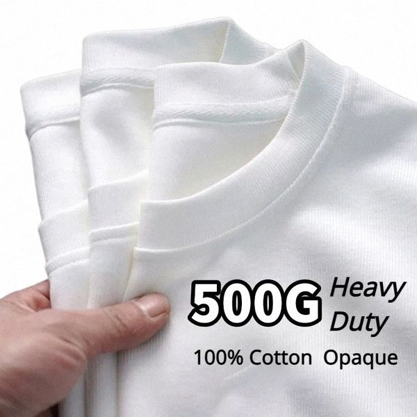 GSM 300 / 500g T-shirt Cott robuste épaissi noir blanc fileté col rond manches courtes trois aiguilles demi manches t-shirts 82Yc #