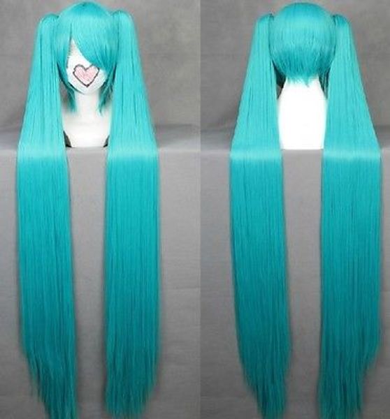 Livraison gratuite 120 cm longue Vocaloid-hatsune miku vert Anime Cosplay perruque + 2 Clip sur queue de cheval H1