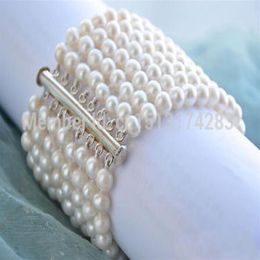 BRACELET de perles d'eau douce rondes blanches, 8 rangées, 8 7mm, aimant 188H