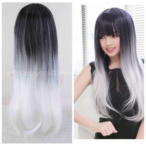 Envío GratisNegro + Plata Peluca Blanca Larga Recta Ondulada Pelo Cosplay Anime Peluca Llena