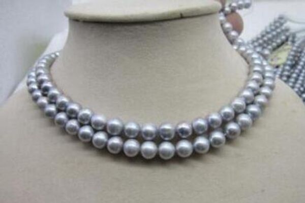 Livraison gratuite vente chaude 8-9mm belle eau douce 2 rangée gris 8-9MM perles naturelles collier