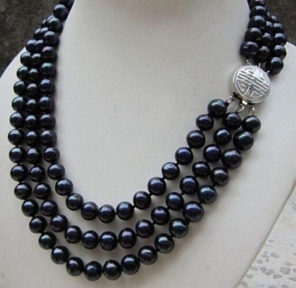 ENVÍO GRATIS + collar de perlas negras tahitianas de 8-9 mm de triple hebra