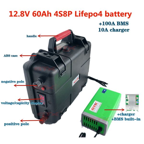Batería recargable GTK 12V 60Ah 4S8P 32700 LiFePo4 con bms inteligente para fuente de alimentación de barco de peces + cargador 10A