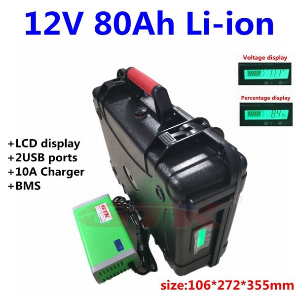 Batterie au lithium-ion GTK 12V 80Ah 100A BMS pour bateau de pêche électrique 12V batterie de stockage d'énergie solaire USB + chargeur 10A
