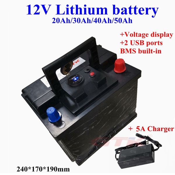 GTK – batterie lithium-ion 12v, 20/30/40/50ah, pour vélo électrique, fauteuil roulant électrique de secours, chargeur 12.6V 5a