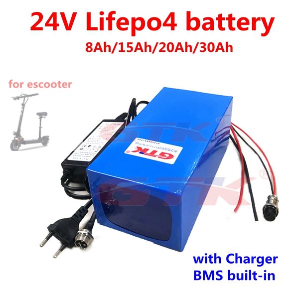 Batterie au lithium GTK Lifepo4 24V 8Ah 15Ah 20Ah 30Ah avec BMS pour 250w 500w ebike scooter skateboard alimentation de secours + chargeur