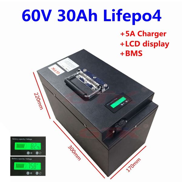 Batterie au lithium GTK LiFepo4 60V 30Ah 25Ah avec afficheur LCD BMS pour tricycle 72V trois roues moto ebike + chargeur 3A